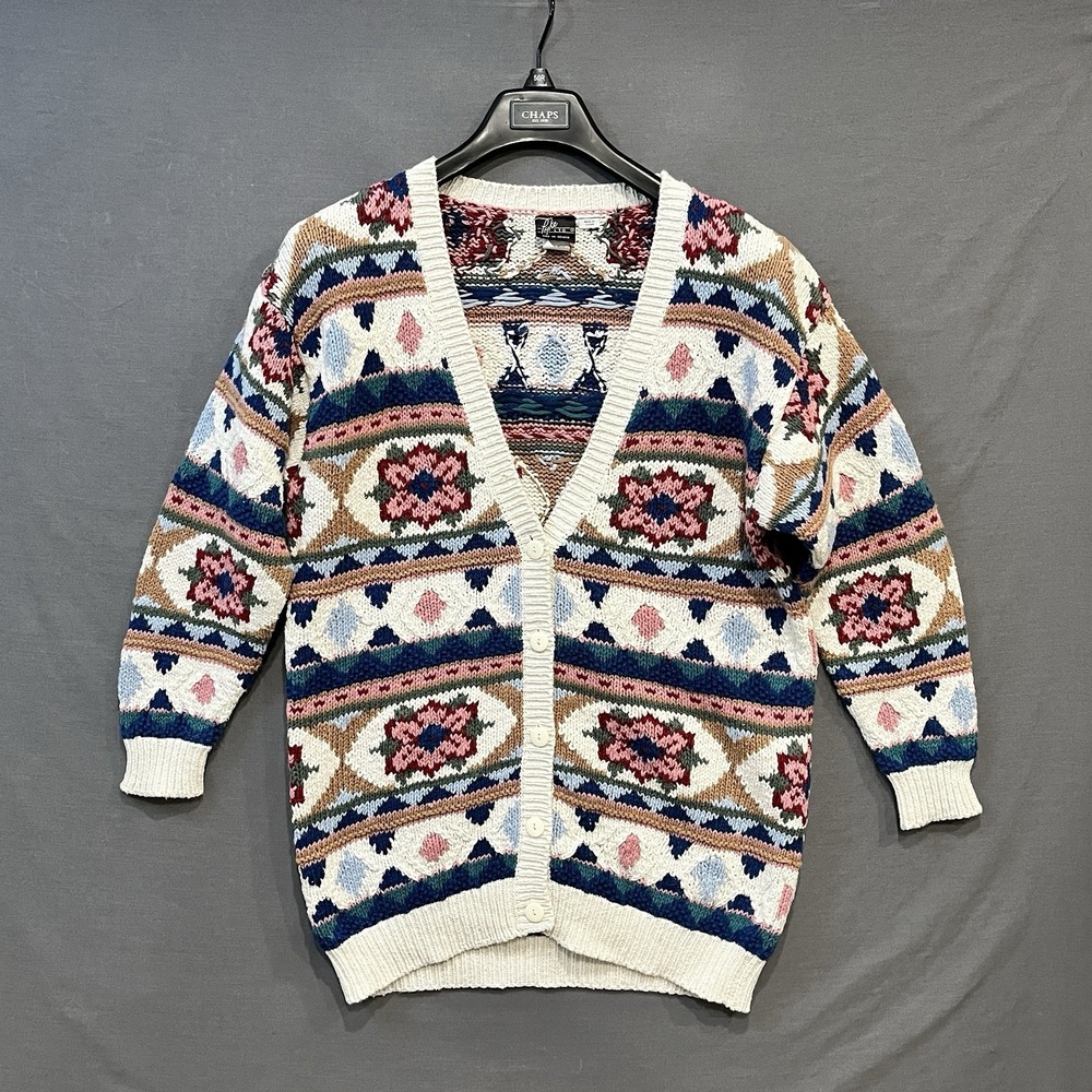 Hand Knit Cardigan Sweater Women's Large Floral Multicolor Pyke LTD Button Front
